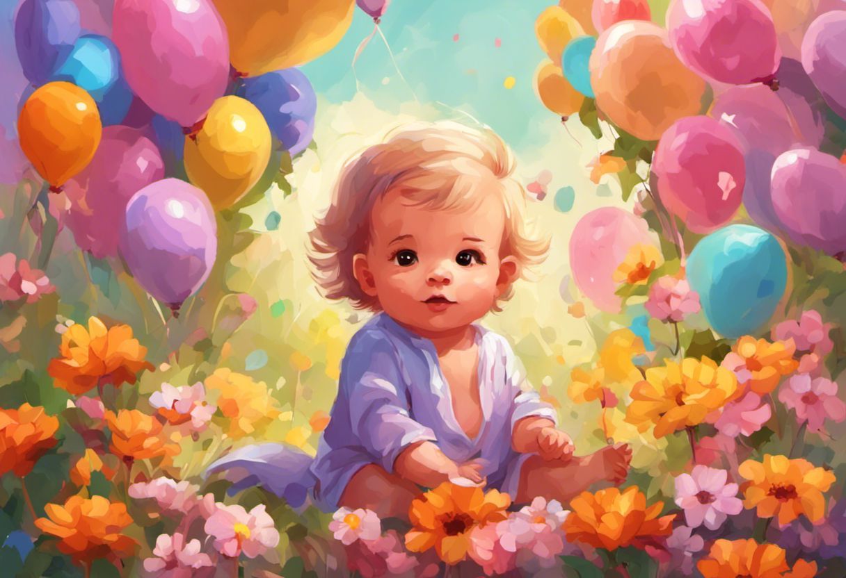 Bébé entouré de ballons et de fleurs dans une peinture numérique