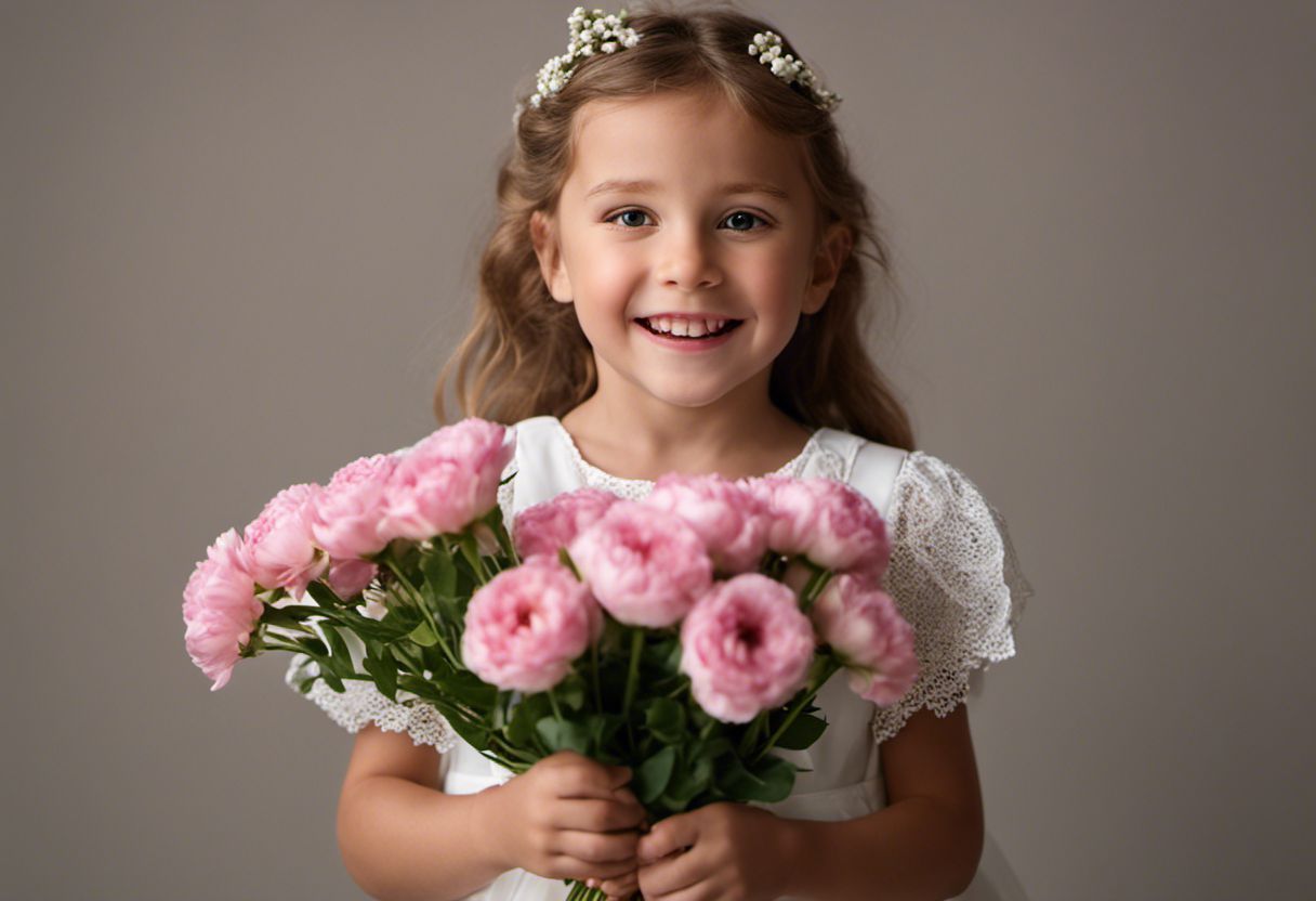 Vue frontale détaillée d'une fillette avec un bouquet de fleurs.